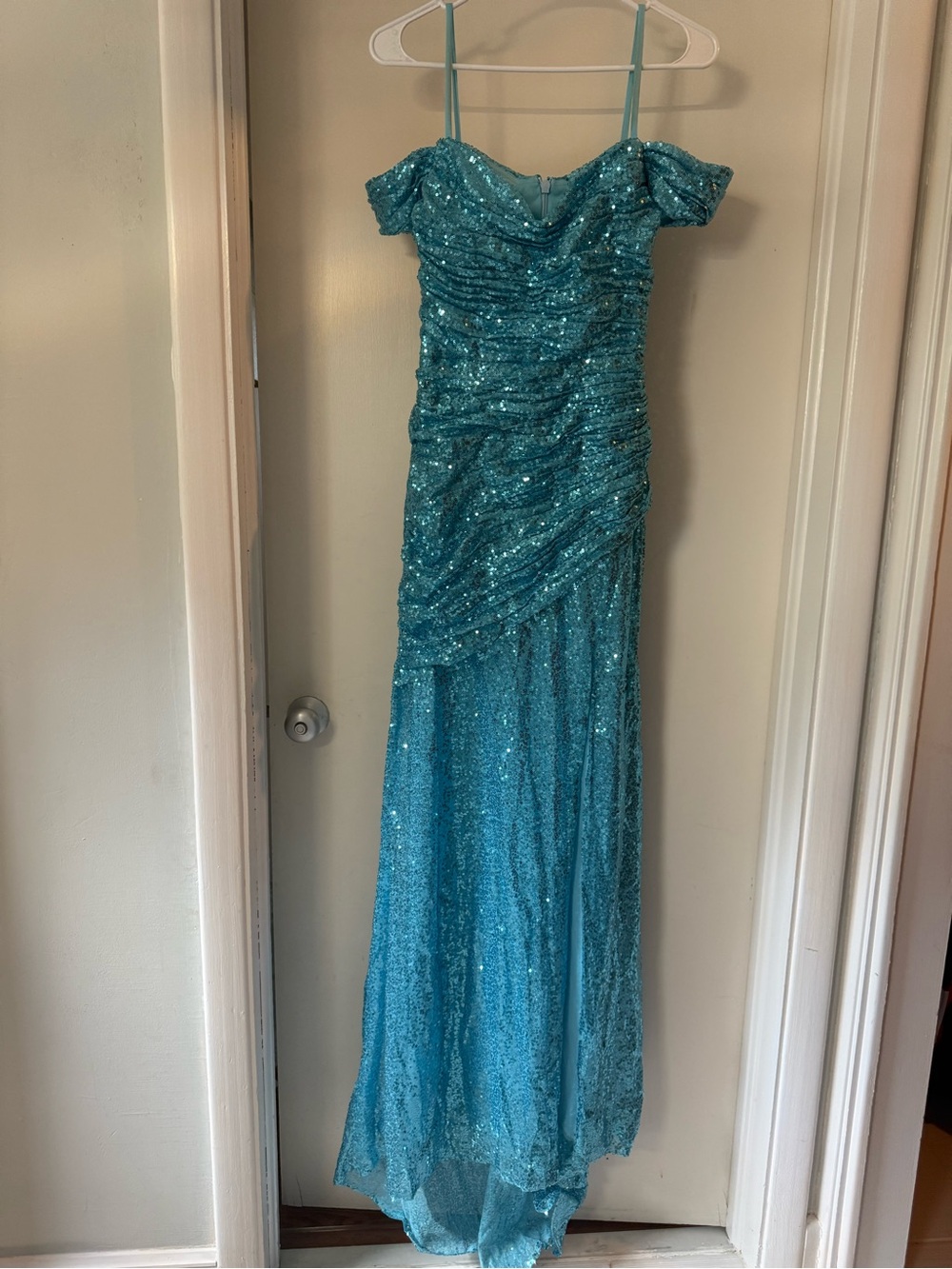 Sparkling Teal Sequin Off-Shoulder Prom Gown size small $50
